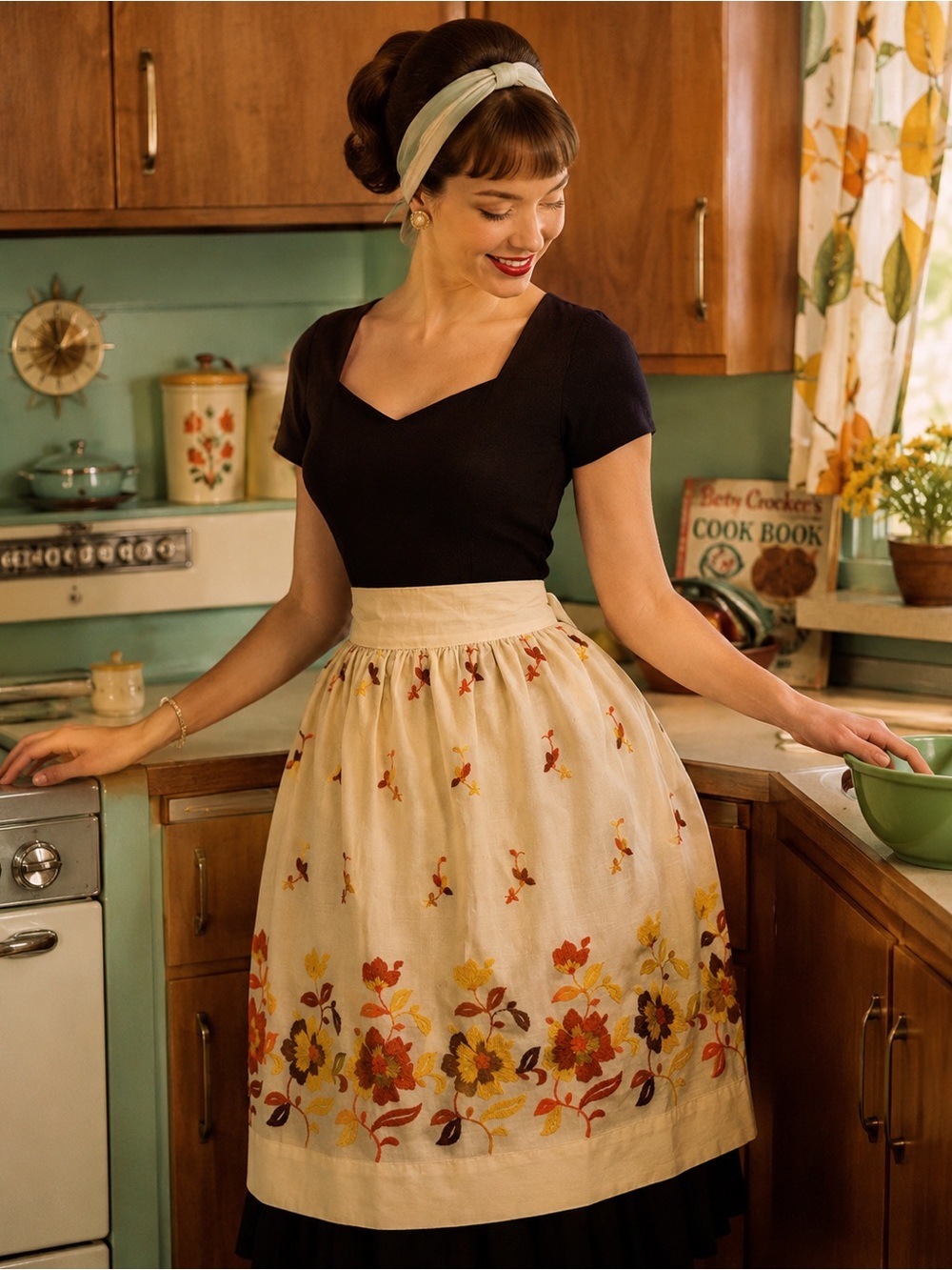 Vintage 60s 70s HandEmbroidered Floral Hostess Half Apron Cottagecore Autumn